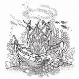 Ship Sunken Coloring Coral Reef Pages Sea Shipwreck Line Drawing Ancient Ocean Vector Fish Clipart Drawn Style Tattoo Illustrations Clip sketch template