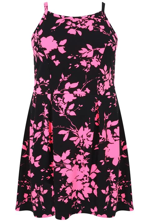 Black And Neon Pink Floral Print Sleeveless Swing Dress Plus