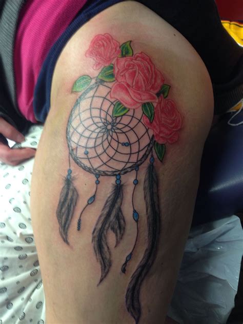 dream catcher and roses thigh tattoo for women bandit ink dream