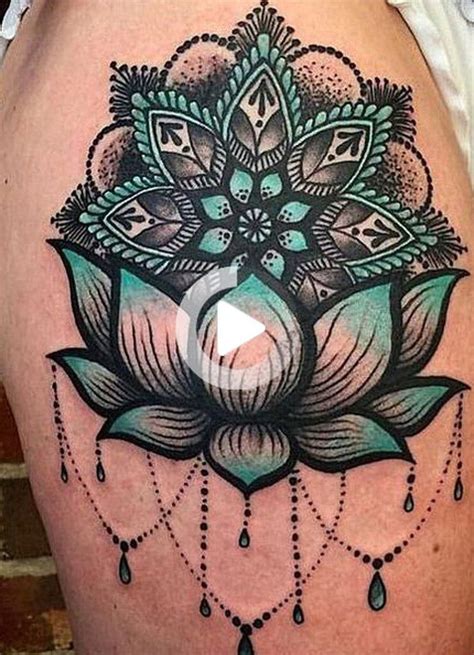 Cool Blue Lotus Mandala Watercolor Thigh Tattoo Ideas For