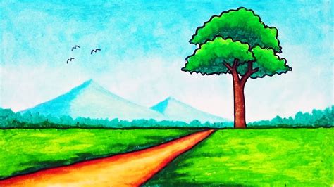 draw simple nature landscape easy scenery drawing youtube