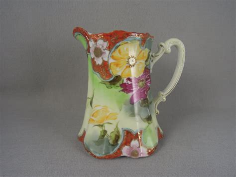 Vintage Hand Painted Pitcher Floral Gold Trim Red Yellow
