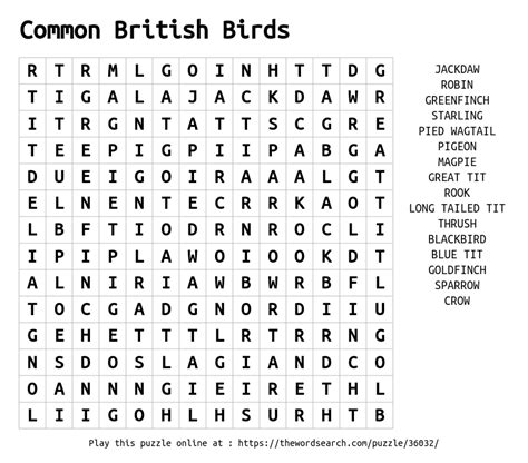 word search  common british birds