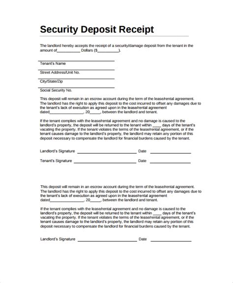 sample security deposit receipt templates  ms word
