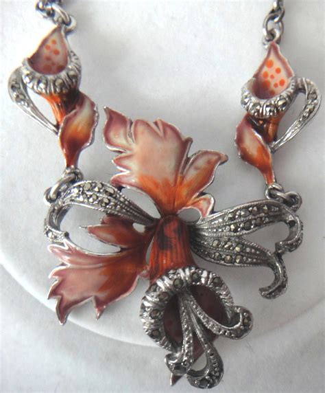 Silver Enameled Flower Art Nouveau Necklace With Marcacites
