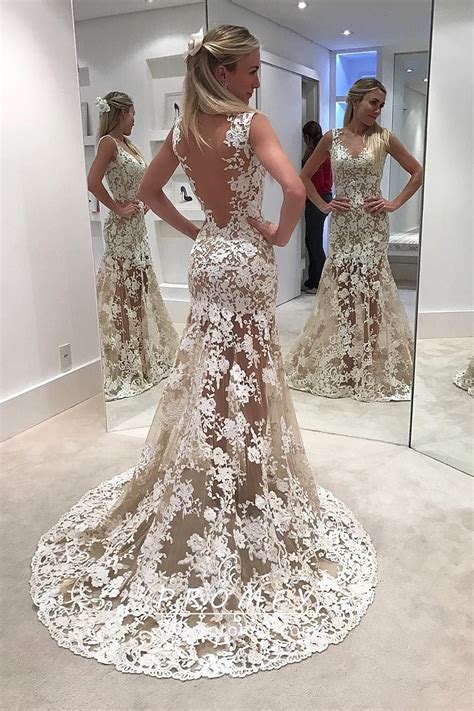 Sexy Ivory Lace With Nude Tulle Sheer Wedding Dress Promfy