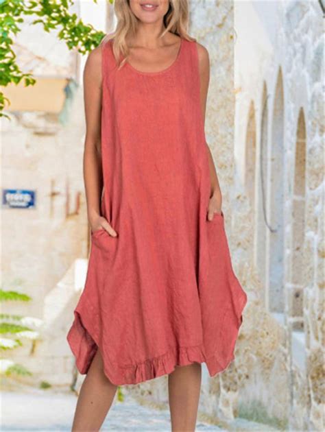 vintage cotton linen irregular dress women short sleeve o
