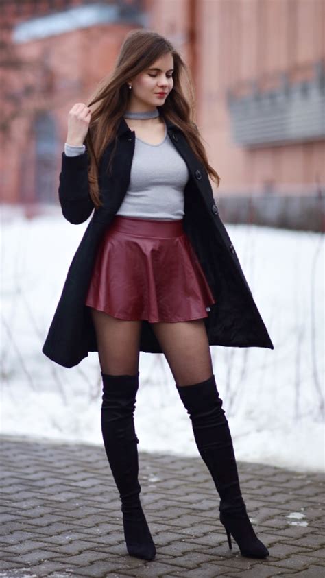 Elegant Black Coat Burgundy Leather Skirt And Suede Knee