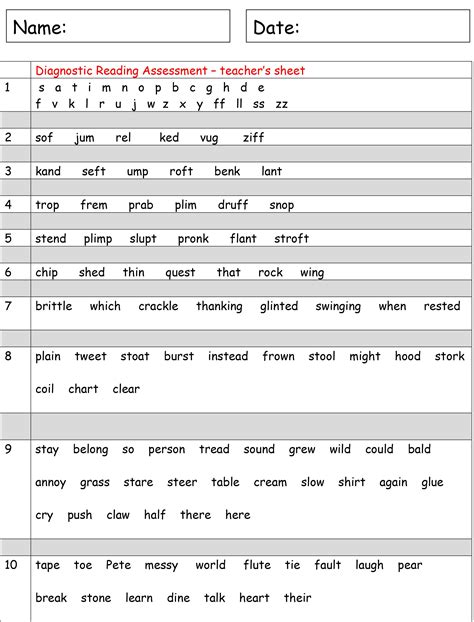 printable reading assessment test templates printable