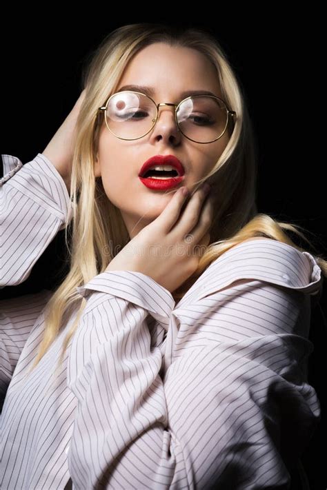 Elegant Blonde Woman In Glasses Wearing Blouse With Naked Should Stock