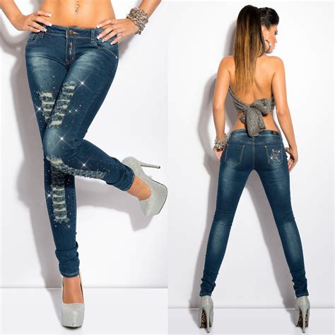 womens new ripped super skinny jeans designer blue with bling sexy low