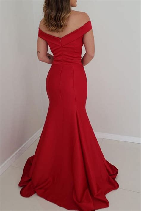 macloth mermaid off the shoulder satin prom dress red formal evening g