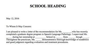 letter  recommendation  speech language pathology graduate intern