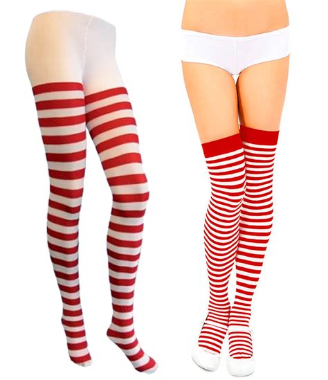Ladies Red And White Stripe Opaque Tights Socks Facny Dress