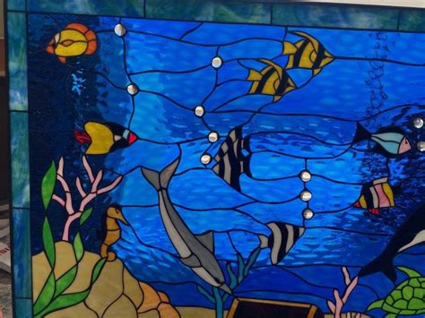 large dolphin sea life  treasure chest stained glass