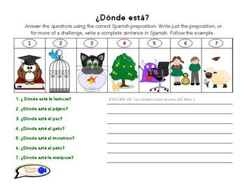 learn prepositions  place  spanish worksheets visual aid