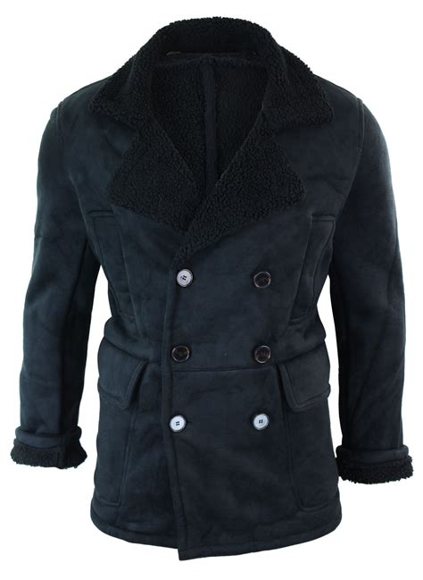 Mens Faux Sheepskin Sherling Lined Double Breasted Fur Coat 3 4 Warm
