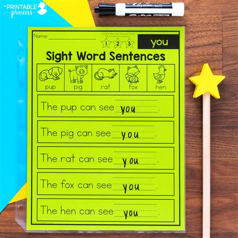 kindergarten sight word sentences  printable princess