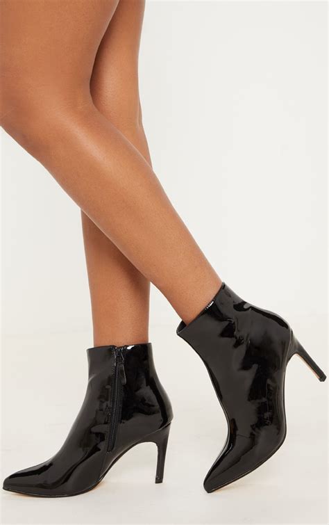 black patent mid heel boot shoes prettylittlething