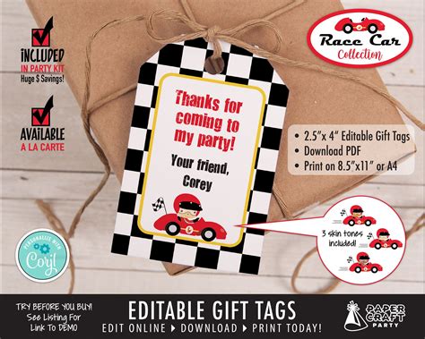 race car printable gift tags edit   today etsy gift