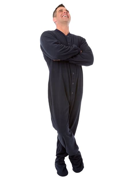 navy blue micro polar fleece adult mens footed pajamas  drop seat