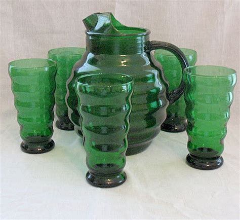 vintage elegant green glass pitcher 5 glasses anchor hocking glass from