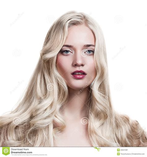 blonde girl healthy long curly hair stock image image