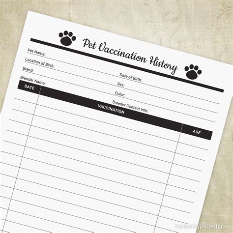 pet vaccination history printable form  pet owners businesses