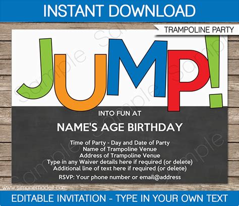 printable trampoline birthday party invitations birthdaybuzz