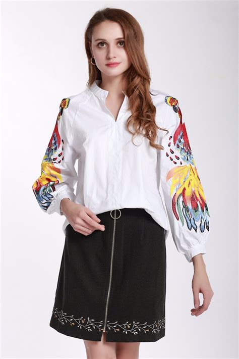 V Neck Embroidery Women Tops Loose Thin Phoenix Lantern Sleeve Shirt