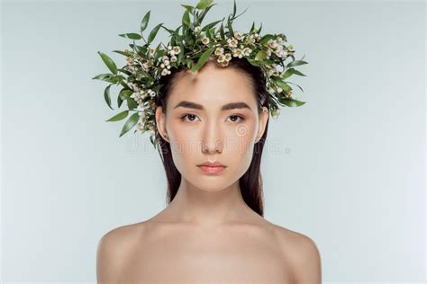 naked asian girl in floral wreath stock image image of flowers