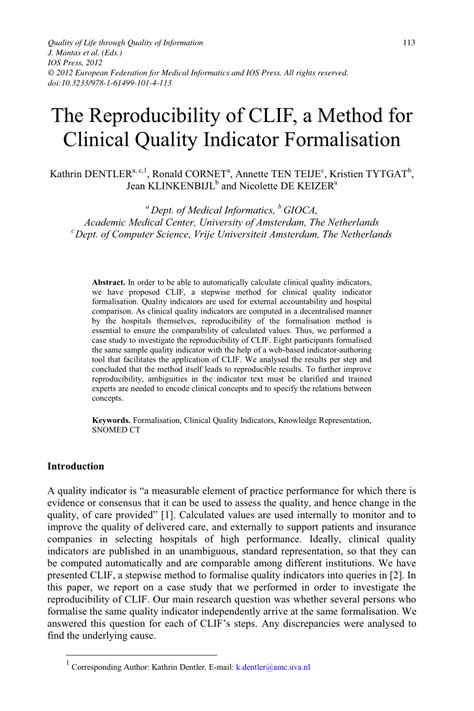 Pdf The Reproducibility Of Clif A Method For Clinical Quality