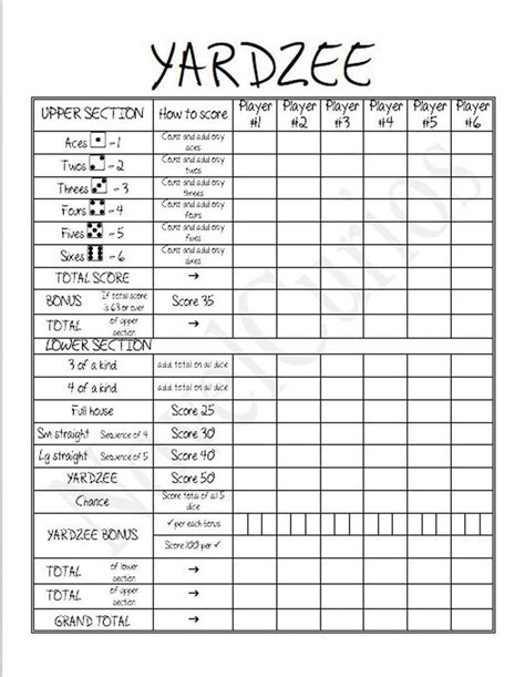 printable yardzee score sheet yardzee scores printables