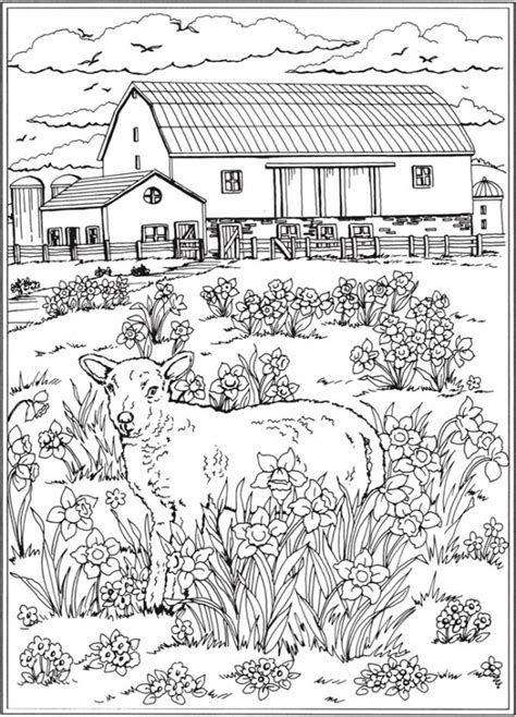 spring scene coloring pages stamping