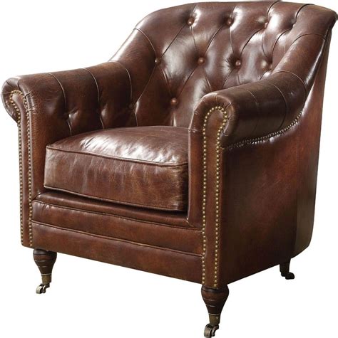 vintage brown top grain leather accent chair aberdeen  acme