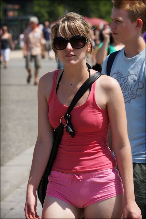 Hot Girl Pink Shorts Cameltoe And Nipple Amateur Upskirt