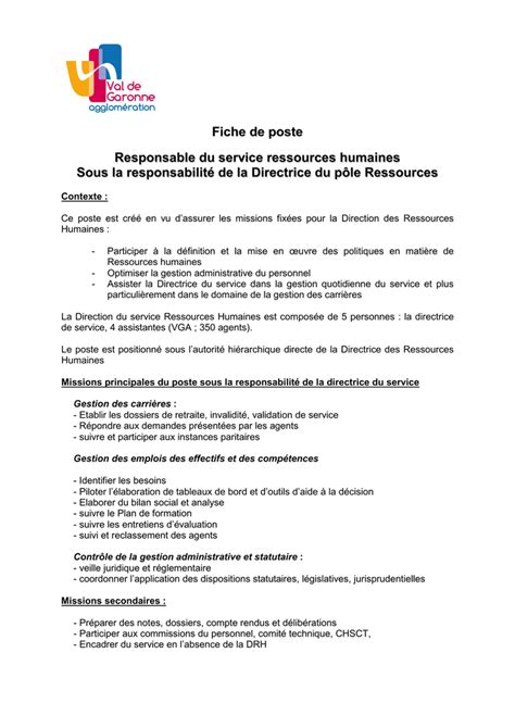 exemple de fiche de poste responsable rh doniemas