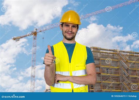 happy worker  construction site  showing thumbs  gesture stock image image  positive