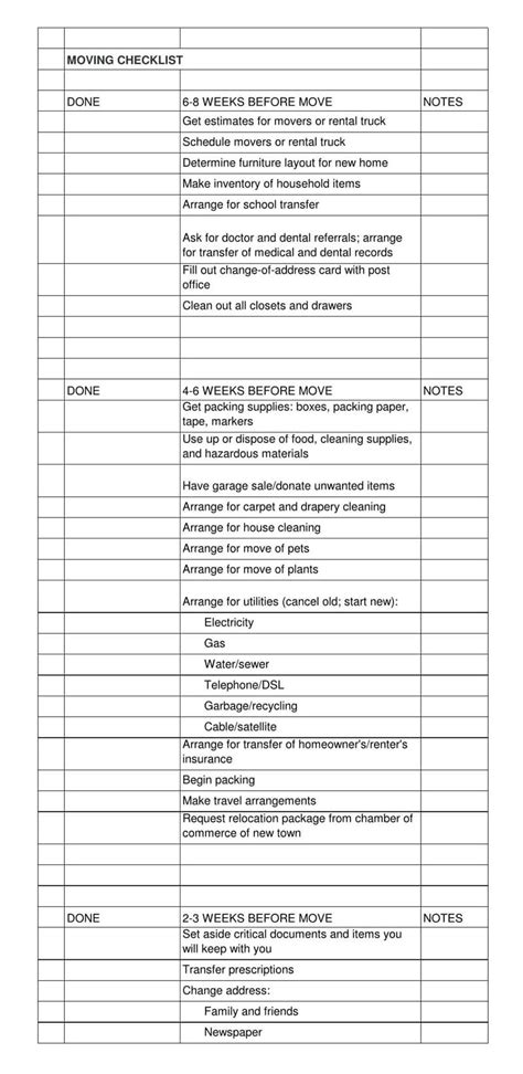 moving checklist templates