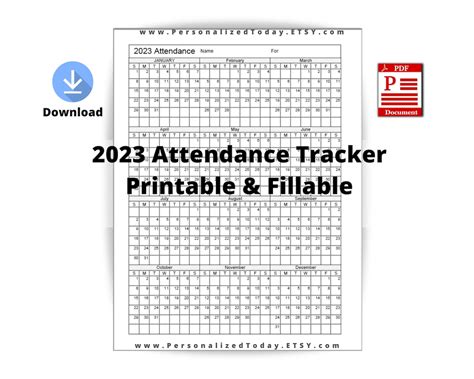 yearly attendance calendar fillable  print  write etsy