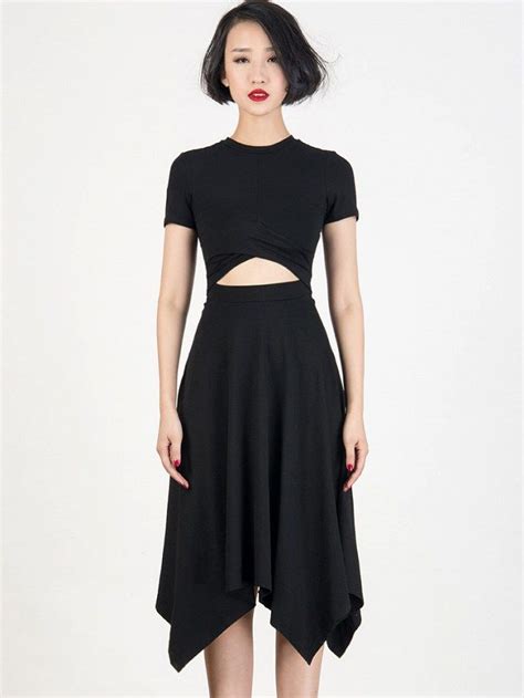 black open belly short sleeve asymmetric midi dress dresses streetwear dress party dress short