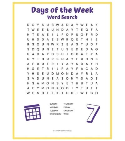 days   week word search  printable word search  kids