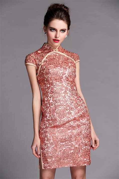 superb flower lace modern cheongsam qipao dress pink