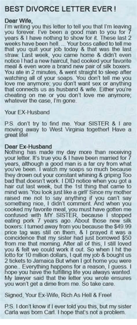 Best Divorce Letter Ever Dear Wife Im Writing You This Letter To Tell