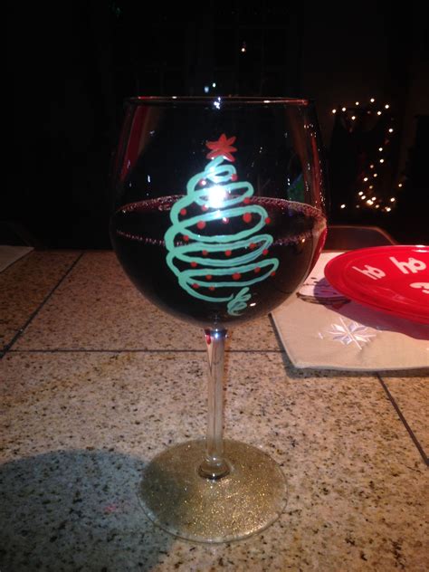 Red Wine Glass With Simple Christmas Tree Painting Folk Art Enamel