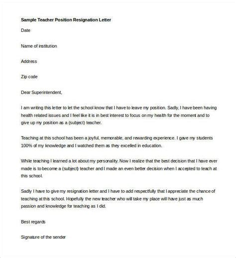 teacher resignation letter template   sample  format