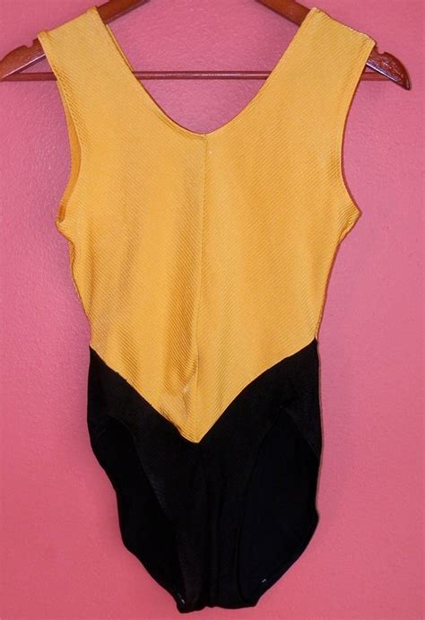 vintage leotard bodysuit 80s high cut yellow black