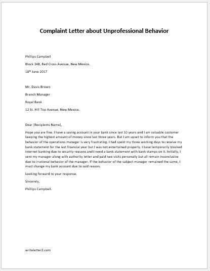 complaint letter  unprofessional behavior writelettercom