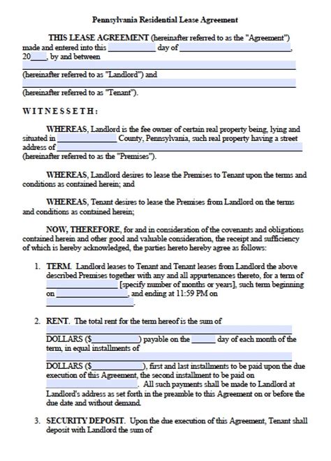 pa rental lease agreement template
