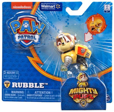 paw patrol mighty pups rubble exclusive figure light  badge paws spin